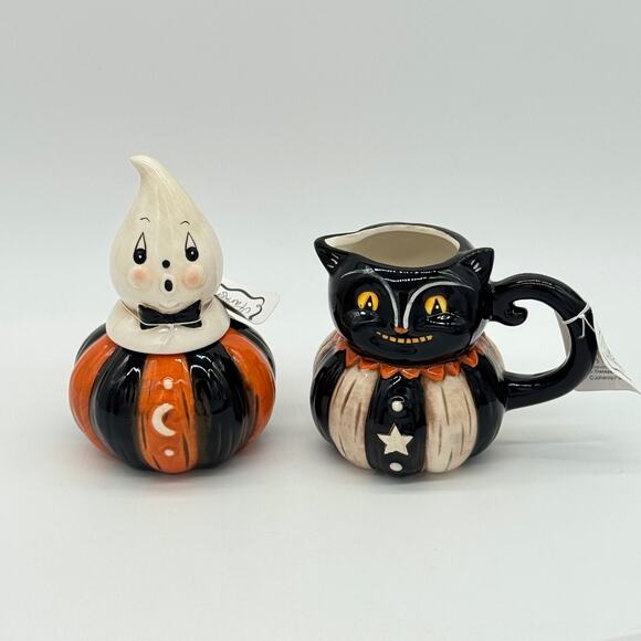New Johanna Parker Gus Ghost & Grinning Black Cat Cream & Sugar Set Halloween - Picture 1 of 8
